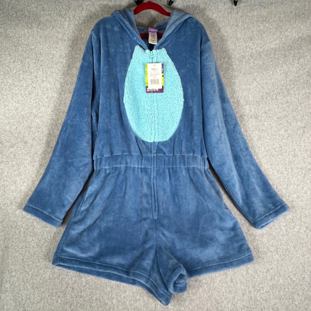 Disney Stitch Pajamas Sleepwear‎ Romper Blue M Shorts Hoodie Fleece one piece